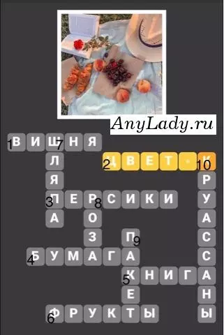 По горизонтали:
1. Вишня
2. Цветок
3. Персики
4. Бумага
5. Книга
6. Фрукты
По вертикали:
7. Шляпа
8. Роза
9. Пакет
10. Круассаны