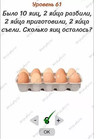Уровень 61 Было 10 яиц, 2 яйца разбили, 2 яйца приготовили, 2 яйца съели. Сколько яиц осталось? Восемь яиц осталось.